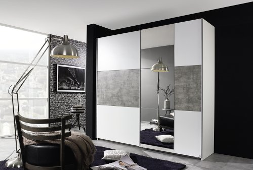 Schwebetürenkleiderschrank PRENZLAU, alpinweiß o. grau-metallic / stone grey - B 218 cm