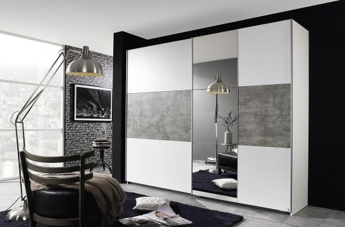 Schwebetürenkleiderschrank PRENZLAU, alpinweiß o. grau-metallic / stone grey - B 261 cm