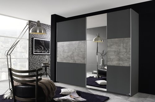 Schwebetürenkleiderschrank PRENZLAU, alpinweiß o. grau-metallic / stone grey - B 261 cm