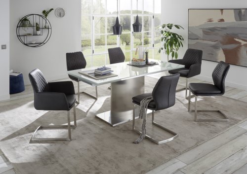 Esstisch IGOR 180-260x90cm - Super White Glas, Gestell Edelstahl gebürstet