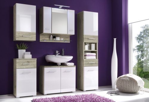 Spiegelschrank BAROLO, San Remo Eiche/MDF Weiß Hochglanz Nachbildung