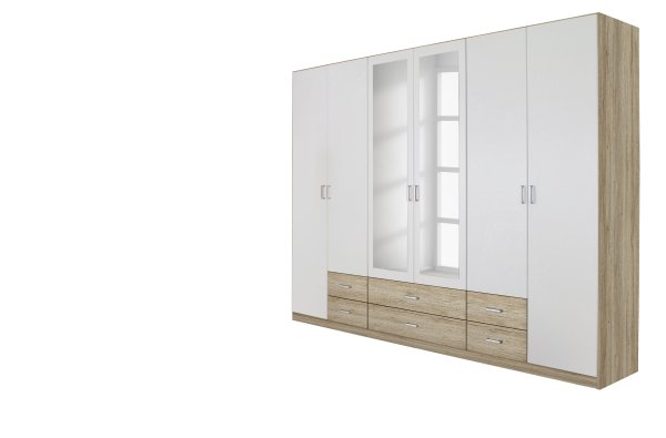 Drehtürenschrank Gamma, 6-trg., 2 Spiegeltüren, 6 Schubkästen, weiß / San Remo Eiche hell