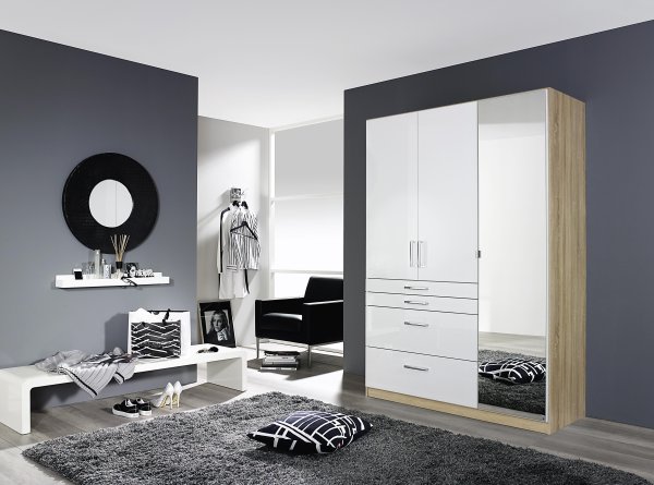 Drehtürenschrank HOMBURG, 3-trg., 1 Spiegeltür, 4 Schubkästen