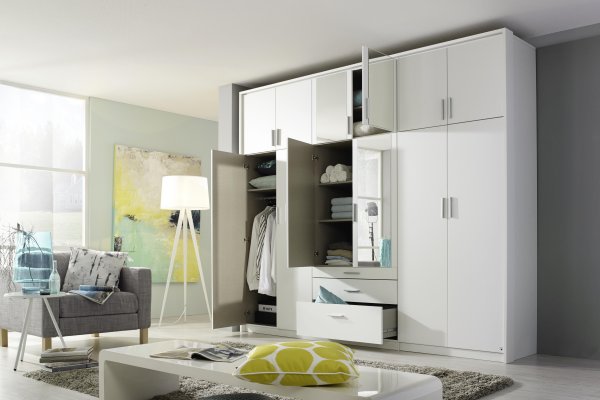 Drehtürenschrank HILDESHEIM, 12-trg., 4 Spiegeltüren, 3 Schubkästen