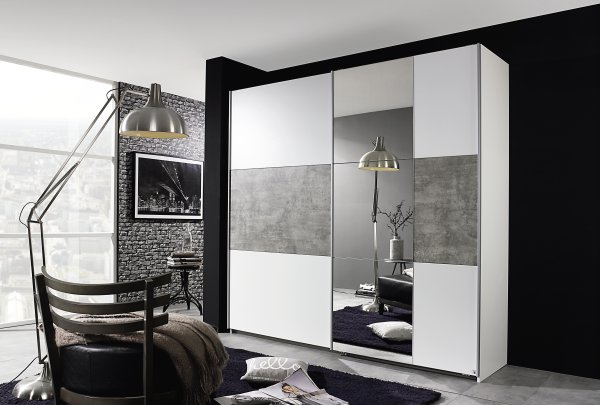 Schwebetürenkleiderschrank PRENZLAU, alpinweiß o. grau-metallic / stone grey - B 218 cm