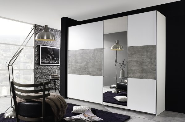 Schwebetürenkleiderschrank PRENZLAU, alpinweiß o. grau-metallic / stone grey - B 261 cm