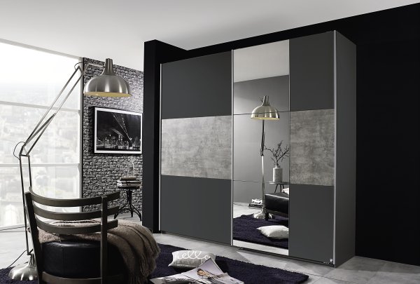 Schwebetürenkleiderschrank PRENZLAU, alpinweiß o. grau-metallic / stone grey - B 218 cm