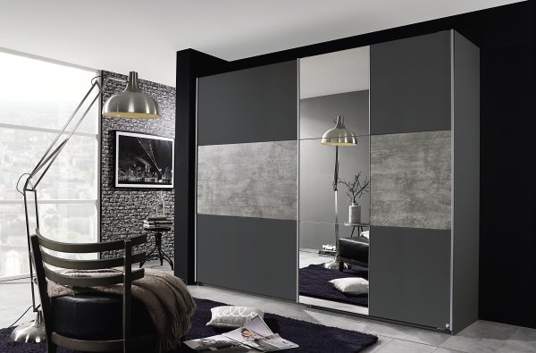 Schwebetürenkleiderschrank PRENZLAU, alpinweiß o. grau-metallic / stone grey - B 261 cm