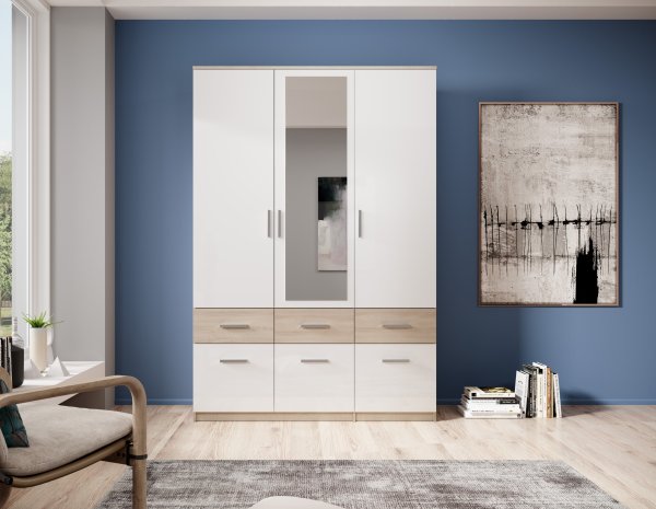 Drehtürenschrank BOX 3 - 3-trg. - Weiß/Sonoma-Eiche Nb. - 135cm