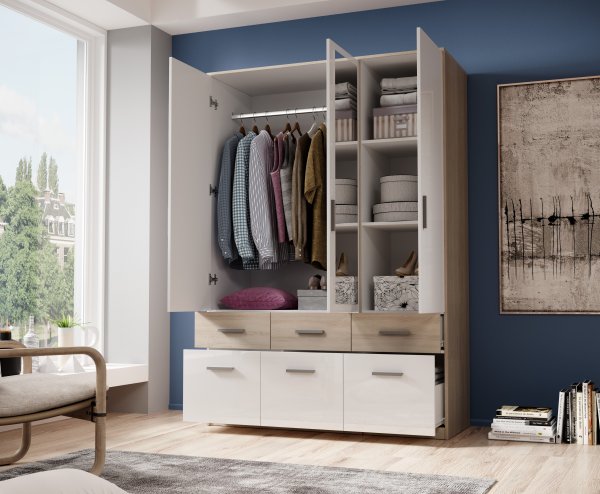 Drehtürenschrank BOX 3 - 3-trg. - Weiß/Sonoma-Eiche Nb. - 135cm