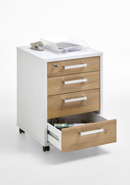 Rollcontainer CALVIA 4, Brillant Weiß/Alteiche Nachbildung