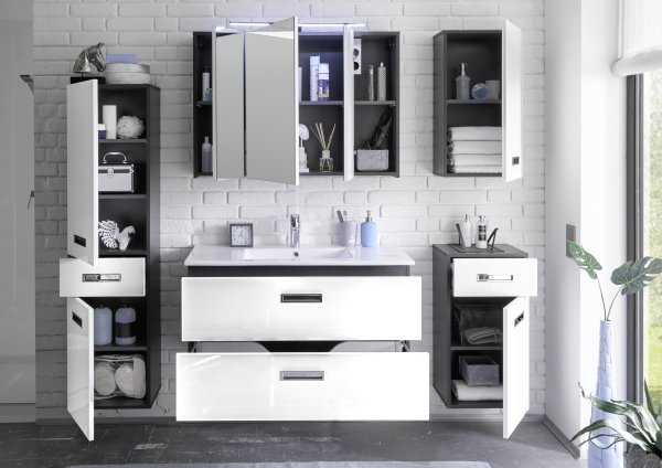 Bad-Hängeschrank MANHATTAN, Grau/MDF Weiss Hochglanz Nachbildung